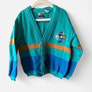 Electric Kids‎ 90s blue & mustard striped cardigan w/ "Metro Club" logo Sz 7